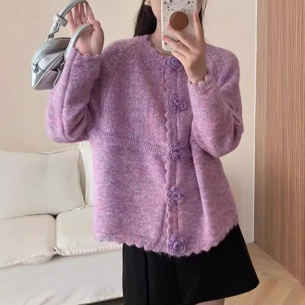 (2개) 플라워 라인 부드러운 스타일 하이 엔드 동백 디자인 니트 카디건 여성용 느슨한 게으른 스타일 소프트 왁스 스웨터 코트
