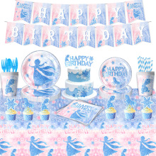 跨境卡通冰雪主题儿童生日派对装饰餐具套装派对用品艾莎公主拉旗