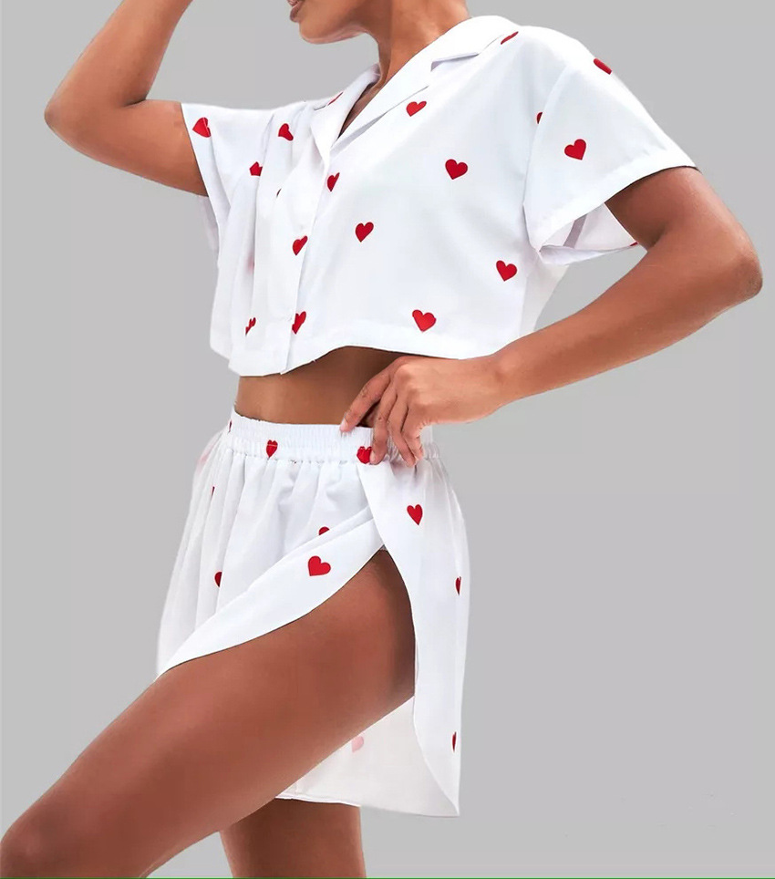 210g Weight Short Sleeve Sleeve Length Pajamas Lingerie Type Polyester, Satin Fabric Type Short Top Length Shorts Sets Sets Type 2 Pieces Set Quantity Home, Daily Occasion Turndown Neckline Breathable Function Regular Fit Fit Type Heart Shape Pattern Winter, Summer, Spring Season Women's Gender Sweet Style Home Daily Women's Sweet Heart Shape Polyester Satin Shorts Sets Pajama Sets 17
