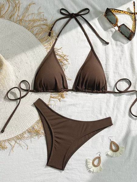 in stock 2025 European and American Sexy Three-point Solid Color Simple Split Bikini Bikini Swimsuit Women's Small Pit Strip