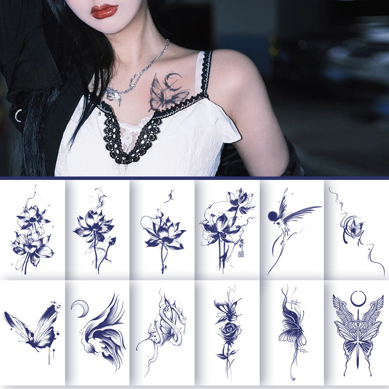Butterfly Plain Flower Tattoo Sticker Women's Waterproof Lasting Herbal Semi-Permanent High-Level Sense Collarbone Ins Arm Flower Arm 2024