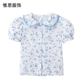 跨境新款女童蓝碎花衬衫夏季娃娃领短袖上衣泡泡袖中大童装批发厂