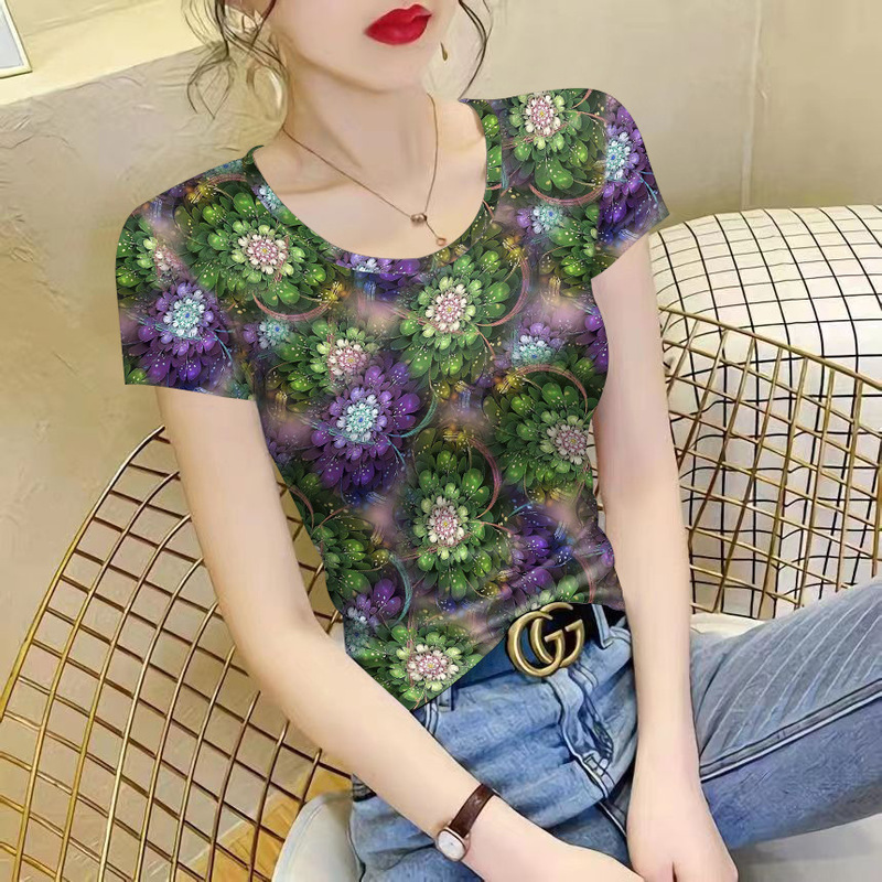 2026 New Style Ice Silk Short-Sleeved T-Shirt for Women, Round Neck, Thin, Exquisite Floral Print Top, Summer Slimming and Elegant Women's Clothing 2026 New Style Ice Silk Short-Sleeved T-Shirt for Women, Round Neck, Thin, Exquisite Floral Print Top, Summer Slimming and Elegant Women's Clothing