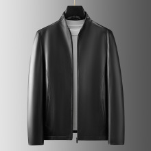 2025年冬季新款中年父亲时尚休闲皮衣外套纯色拉链真皮夹克潮流男