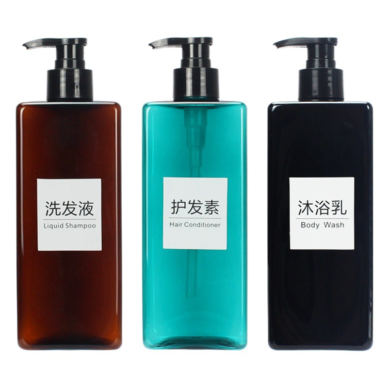 En stock 500ml marrón champú cuadrado botella plana PET prensa Gel de ducha acondicionador de cabello plástico sub-botella