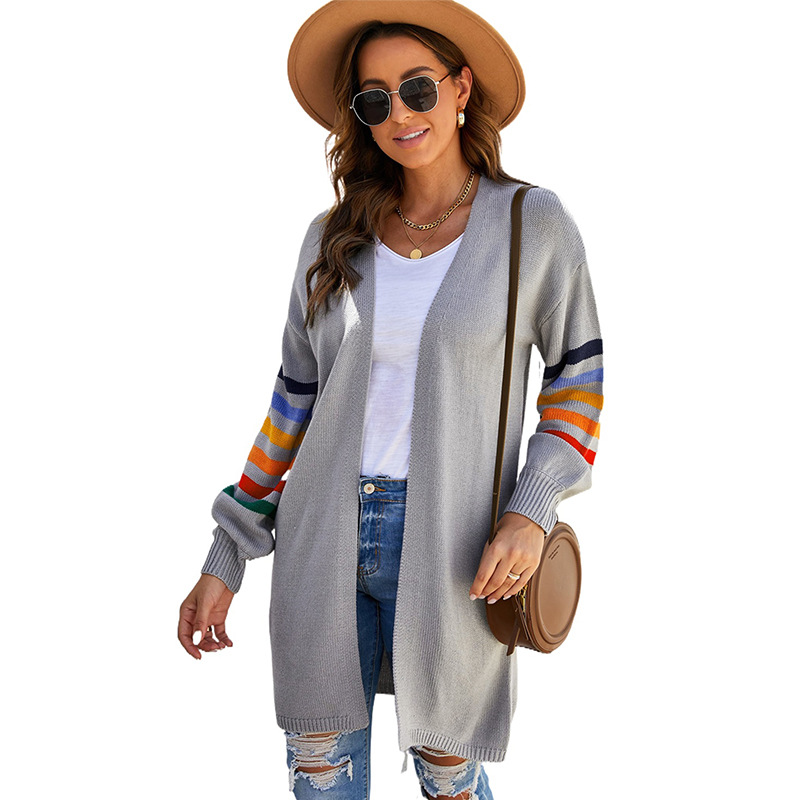 时颖欧美针织衫女2022撞色灯笼袖开衫毛衣跨境新款长款秋冬外套女