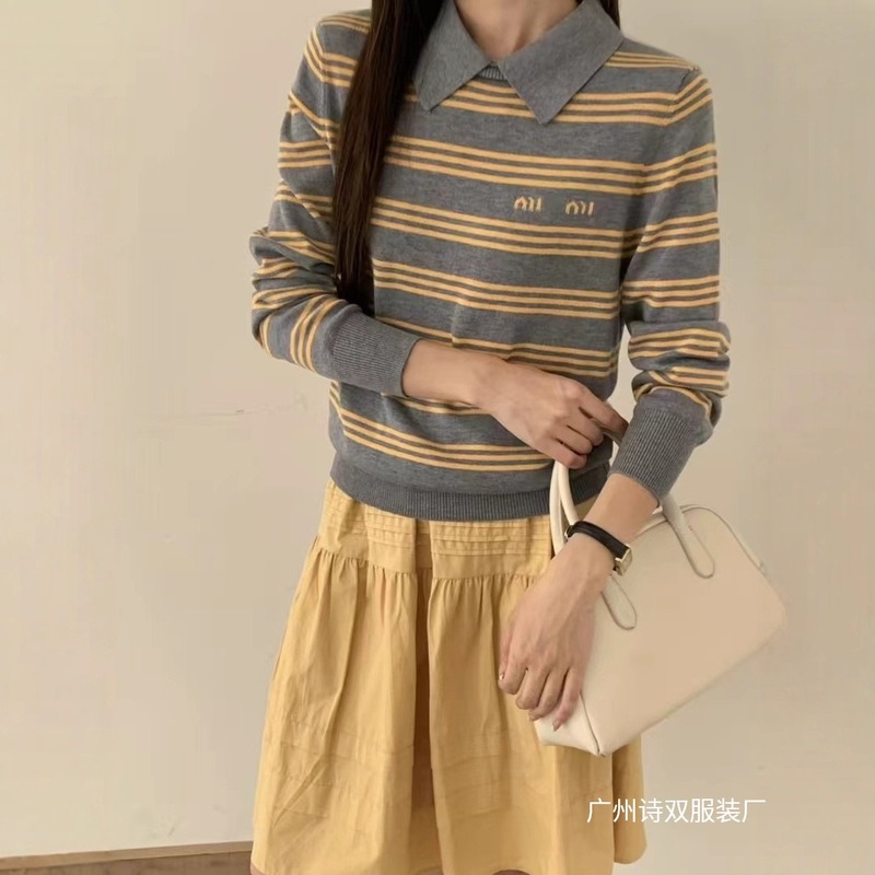高定MM家时髦元气少女25复古老钱风条纹字母提花长袖翻领针织衫女|undefined