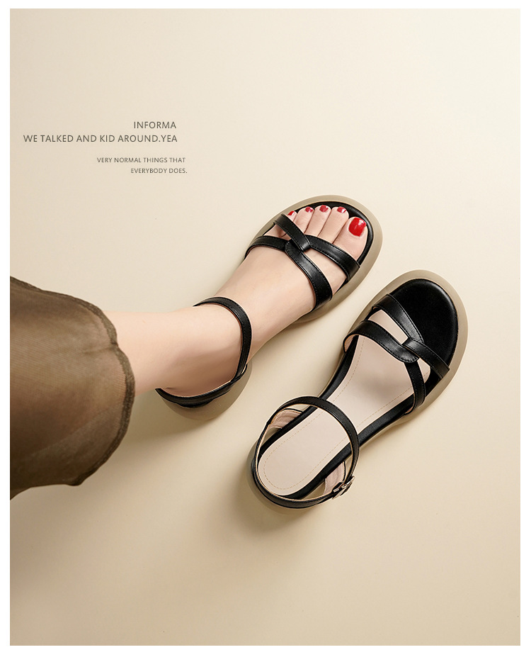 Sandal nữ đế bằng da thật quai chữ V mùa hè chống trượt — Màu đen chi tiết 8