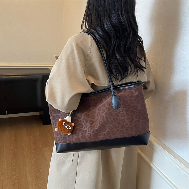 韩系复古豹纹包包女2025秋季新款潮大容量托特包拼接通勤腋下包|undefined