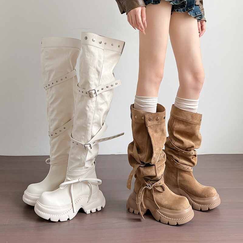 Sheepskin version, 10cm height increase, Maillard over-the-knee long boots, 2026 autumn/winter new style, stacked boots with belt buckle, knight boots Sheepskin version, 10cm height increase, Maillard over-the-knee long boots, 2026 autumn/winter new style, stacked boots with belt buckle, knight boots