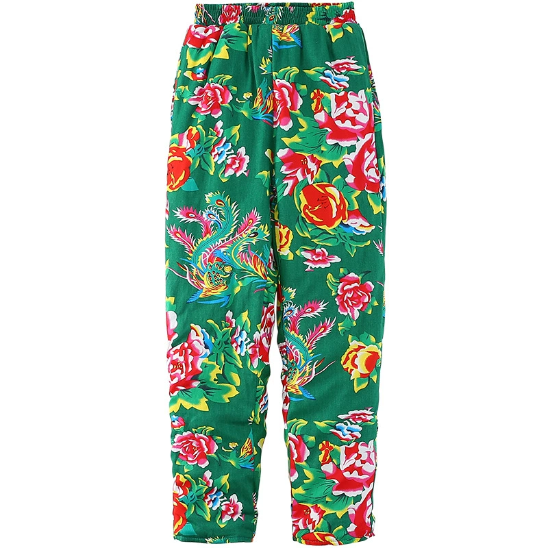 Фиолетовая Ни Ни Floral Демисезонные тёплые брюки, свободный прямой крой, высокий пояс, шёлк-хлопок, цветной принт