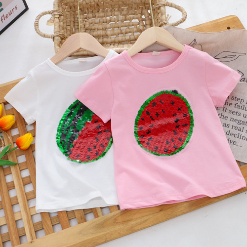 Children's Glitter T-Shirt Watermelon Strawberry Color-Changing Short Sleeve Girls' Top Boys' Half Sleeve Summer Clothing Manufacturer Dropshipping One Piece