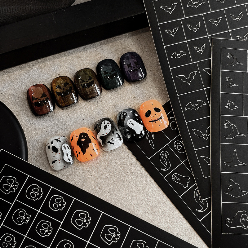 Inkjet Halloween Hollow Nail Art Sticker Skull Magic Hat Ghost Funny Back Glue Nail Auxiliary Sticker Wholesale
