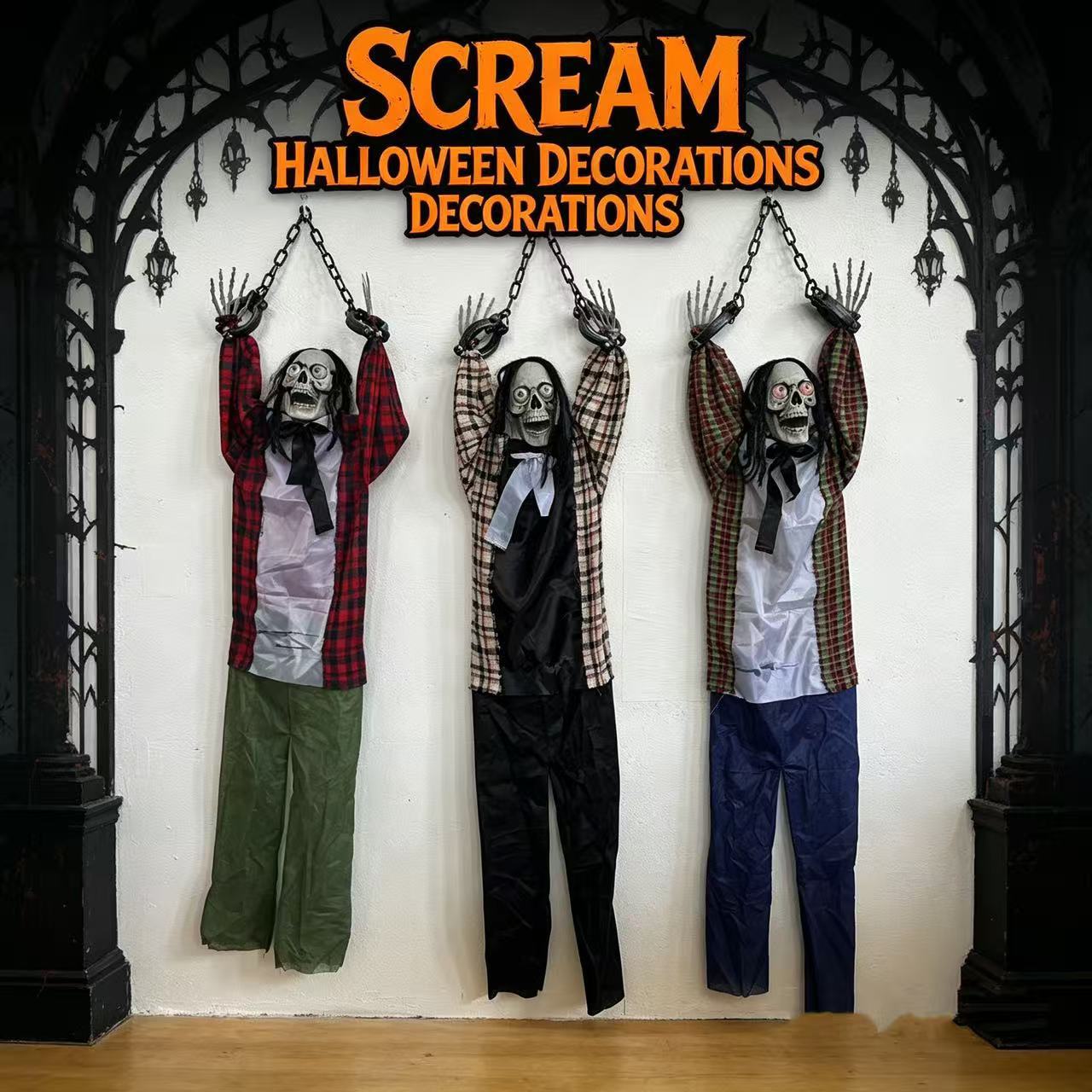 Fantasmas de Halloween fuente de sonido, luces, cadenas de hierro, cabalgas secretas, bares, casas embrujadas, accesorios de decoración, explosión