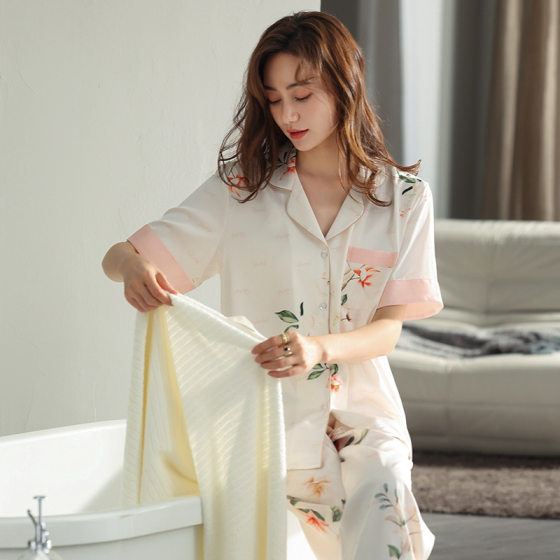 Tiremeng Spring and Autumn Pajamas Short-sleeved Pants Lapel Personalized Printed Thin Loose Ice Silk Women's Home Pajamas