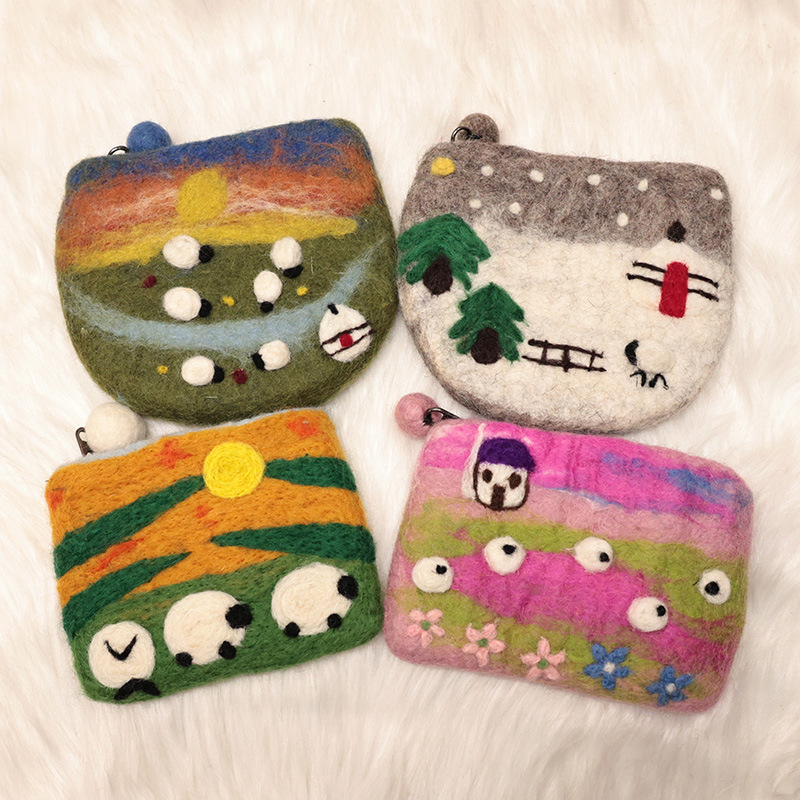 Ins-Style Wool Felt Coin Purse Card Holder, Cute Grassland Snowfield Coin Purse, Little Sheep Yurt Card Holder
