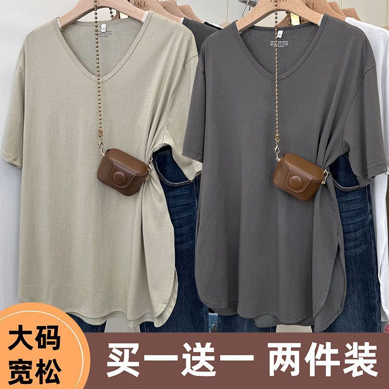 シングル/ツーピース大きいサイズルーズミドル丈Vネック半袖Tシャツ女性用2025夏新作ファットMMカバートップ|undefined