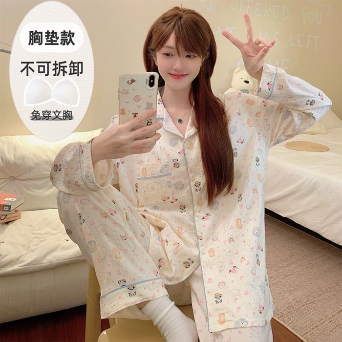 Al por mayor transfronterizo de otoño pantalones de manga larga pijamas casuales de mujer con cojín de pecho cardigan cómodo algodón nubes ropa para el hogar encantadora