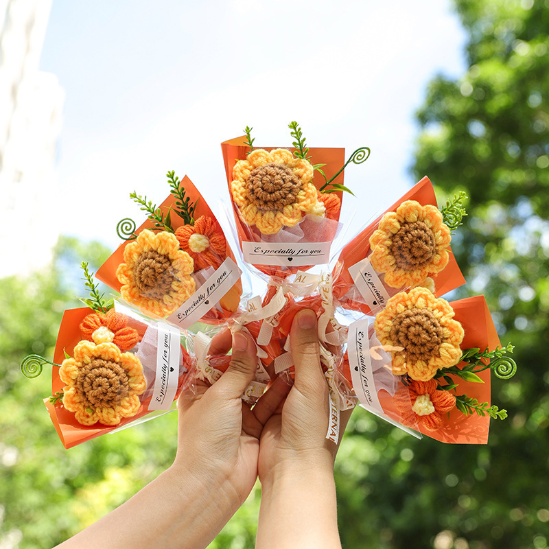 ニット糸のパフブーケ、造花、シミュレーションフラワー、ひまわり、多用途ギフト、ミニブーケ|undefined
