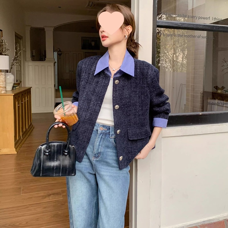 藏青色设计感格纹拼接小香风外套女2025早春新款时髦洋气设计上衣|undefined