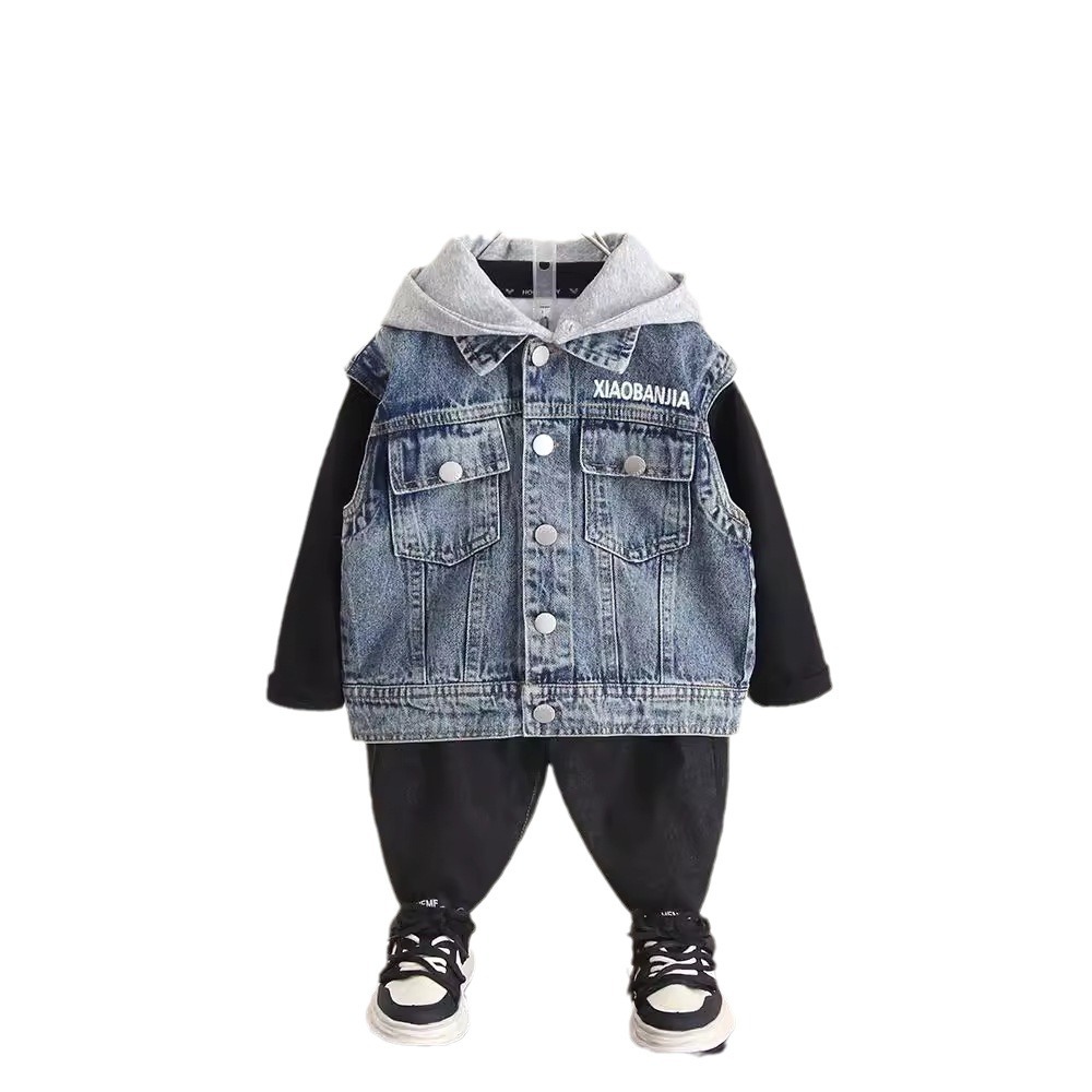 6262 Chaleco de mezclilla para niños, ropa exterior de primavera y otoño 2025 nuevo bebé, chaleco con capucha coreana de otoño para niños