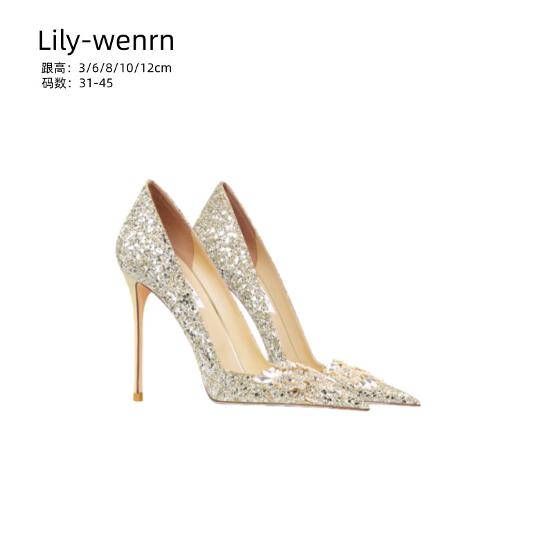 2025 Light Luxury New Stiletto Heels Pointed Toe Design Single Layer Butterfly Rhinestone Goatskin Wedding Bridal Wedding Shoes