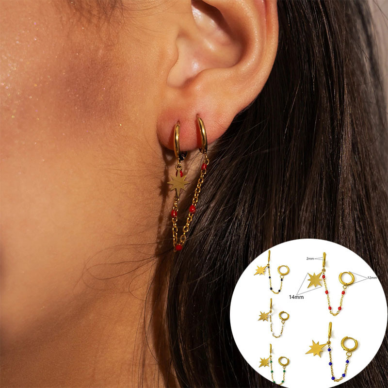 Cross-Border Fashion Bohemian Style Stainless Steel Eight-Pointed Star Oil Dripping Colorful Earrings High-Quality Women's Earrings Earrings