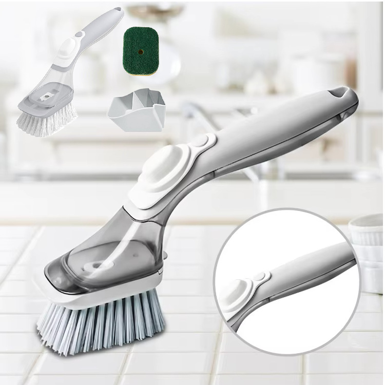 Heavy Duty Long Handle Pot and Chopping Board Kitchen Brush, Scrub Brush Soap Control with Shop Base, Gray