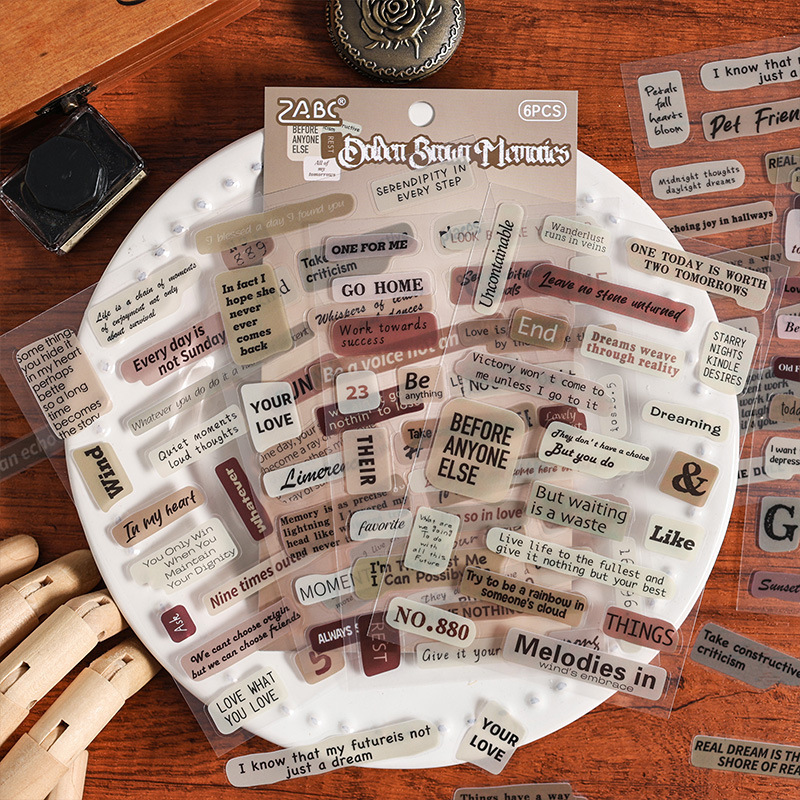 Heart Language Sticker Pet transparente impermeable Bolsa de pegatinas de cuentas de mano Letras de inglés retro Etiqueta engomada de material de cuentas de mano