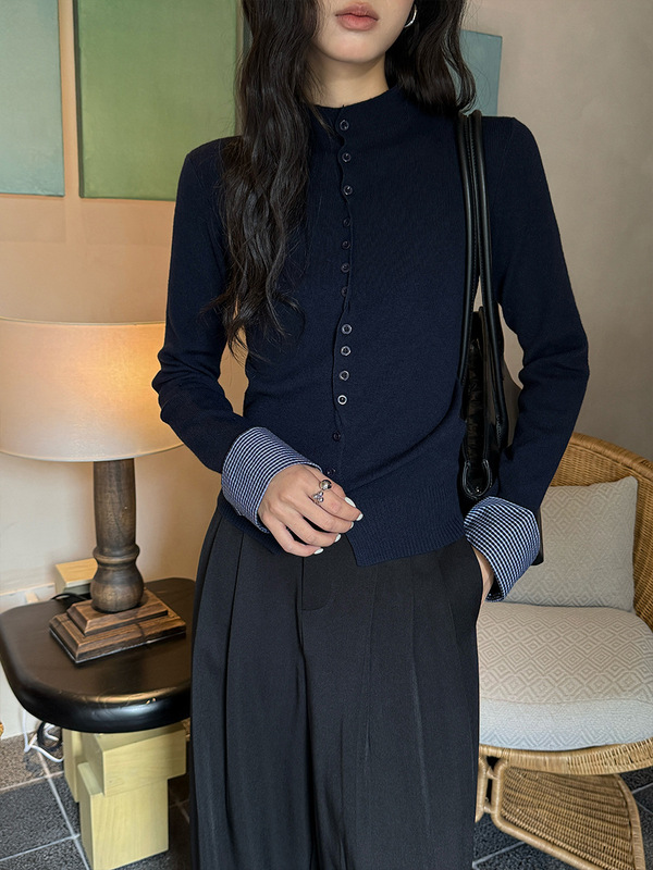 FONE简禾不规则单排扣针织开衫女2025秋新款半高领保暖毛衣58232|undefined