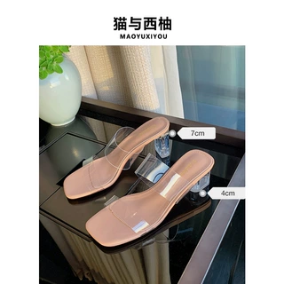 羊皮版~透明高跟鞋女外穿夏季2025新款仙女风一字带粗跟高跟凉鞋