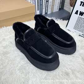 欧美2024新款冬季加绒厚底棉鞋女外穿一脚蹬保暖豆豆鞋内增高毛毛