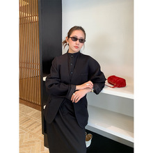 万为 老钱风羊腿袖西服女2025秋新款一粒扣无领收腰西装外套P4043