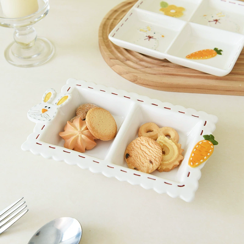 Japanese -style hand -painted four -grid dumpling dumpling plate ceramic disk Creative breakfast scattered board cartoon cute fruit disk dessert