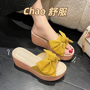 Liangyi Thick-Soled Wedge-Heeled Slippers for Women 2025 Fashion Summer New Korean Style Outer Wear Sandals with Bows and Platform Soles for Women