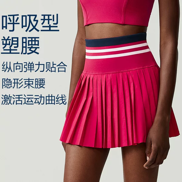 Cross-Border Elastic Ribbed High-Waisted Tennis Skirt for Women, Anti-Exposure Two-Piece Set, Plus-Size Yoga Fitness Sports Skirt
