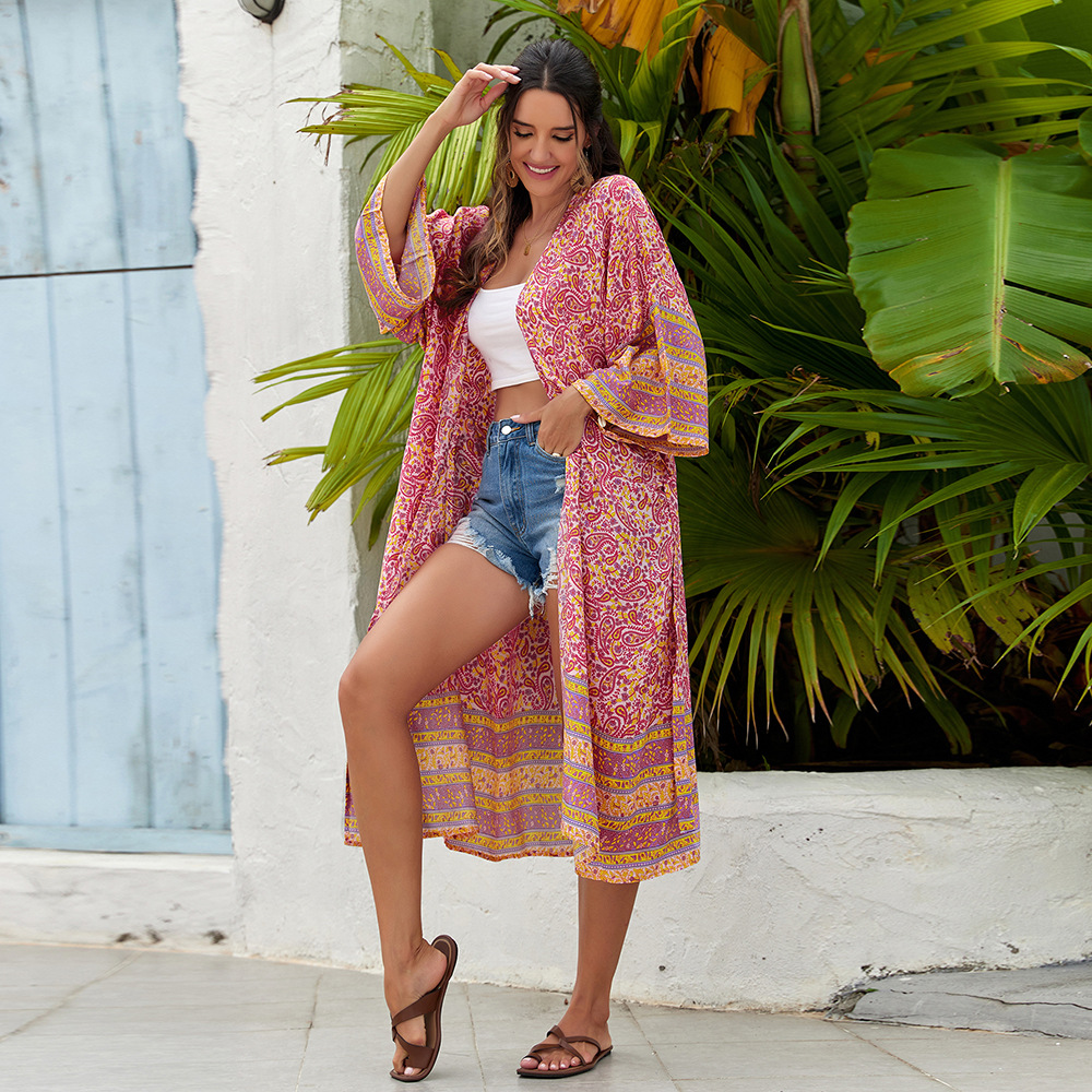 2 colores transfronterizos Amazon rayón impreso vacaciones playa vestido sexy cinturón vestido protector solar cardigan 3827