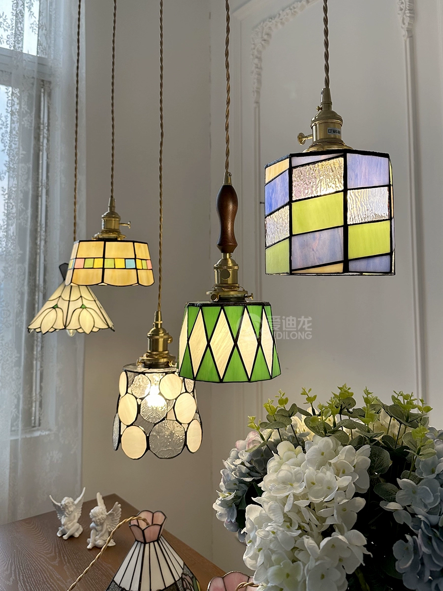 Japanese retro brass green glass ceiling lamp for living room, lights for bed