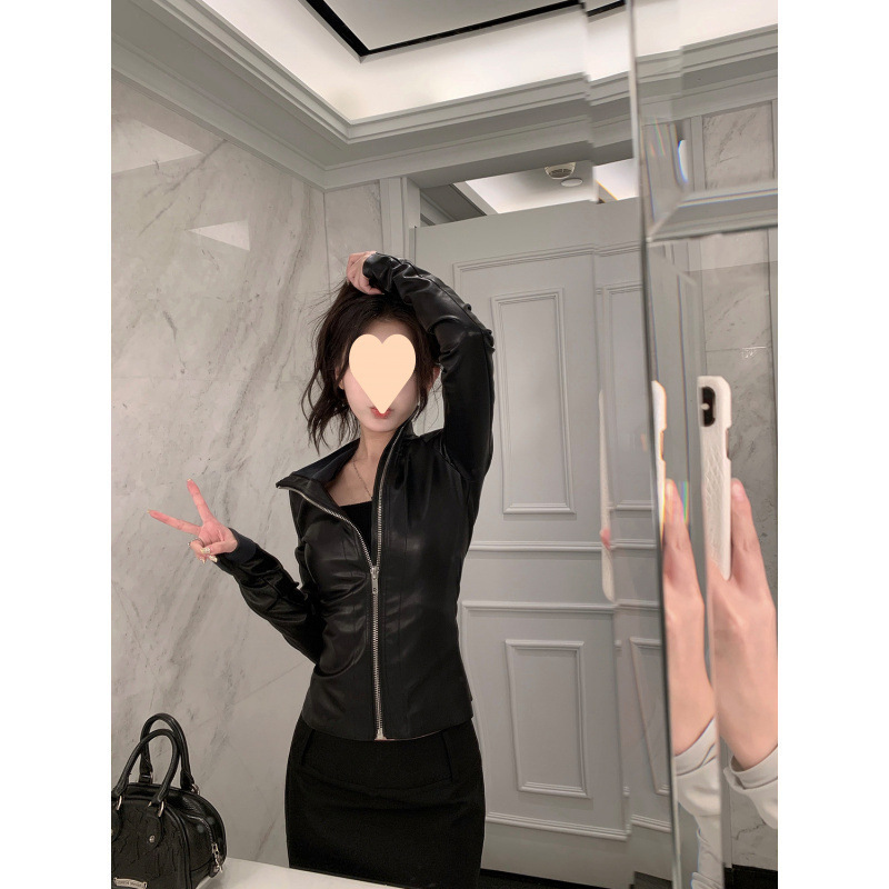 Black Slim Fit Zipper Stretch Versatile Slim Leather Jacket Top for Women