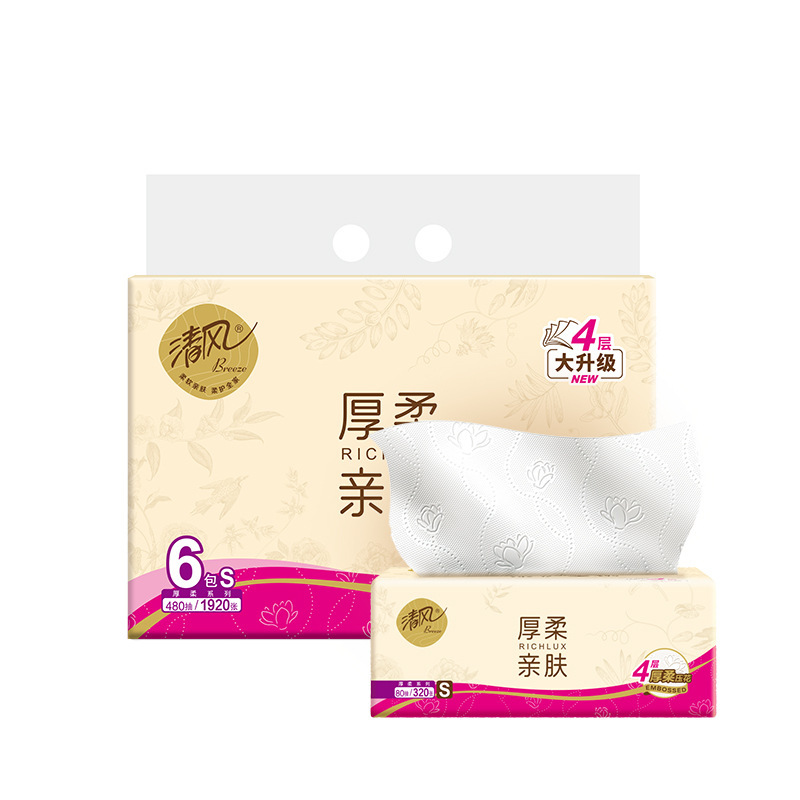 清风抽纸厚柔4层80抽*6包提装餐巾卫生纸加厚家用餐巾纸巾纸批发|undefined