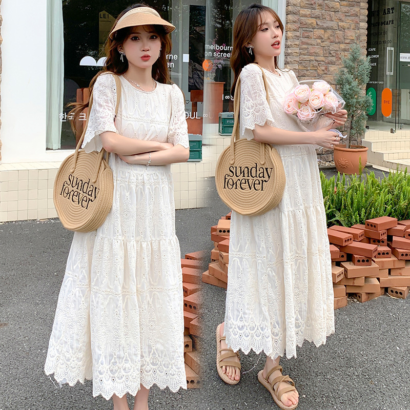 Real Price ~ 2026 Summer Korean Style Heavy Embroidery Plus-Size Maternity Dress, Slimming, High-End, Elegant Fairy Dress
