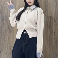 复古学院风假两件拼接衬衫领针织开衫女秋季宽松显瘦休闲百搭上衣
