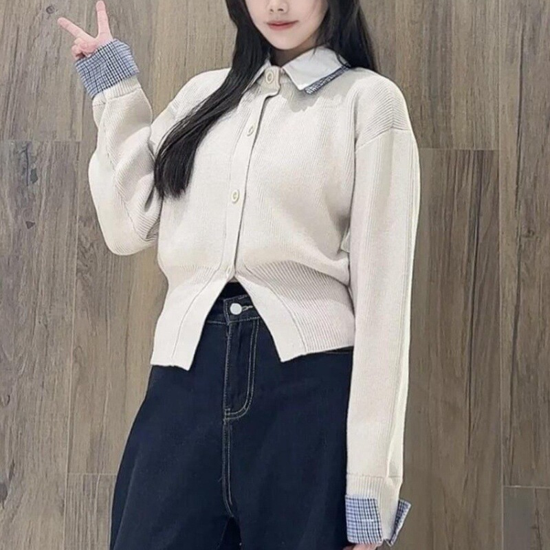 复古学院风假两件拼接衬衫领针织开衫女秋季宽松显瘦休闲百搭上衣|undefined