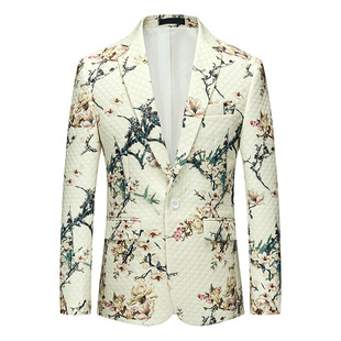 Cross-border Korean-style Slim-fit Business Casual Suit Jacket Men's Plant Floral Printed Rhomboid Master of Ceremony Dress Men's