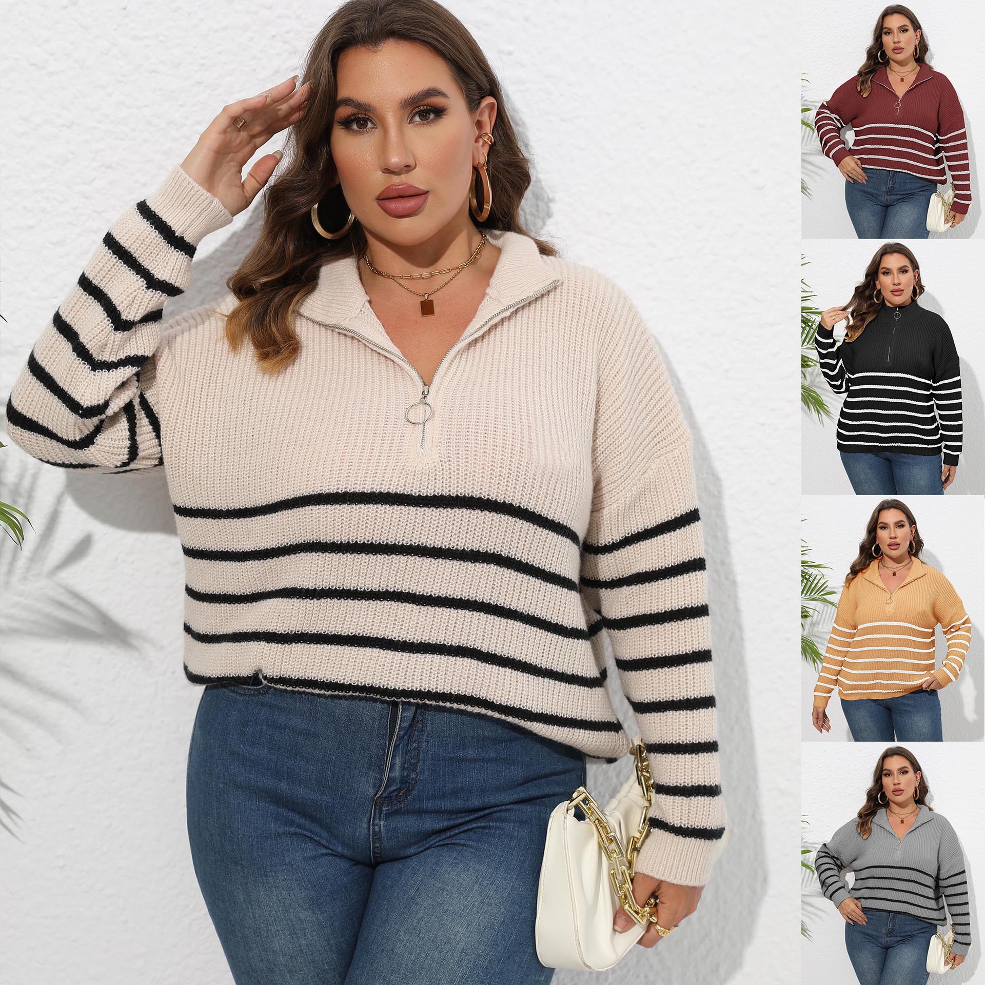 New Women's Sweater Cross-Border European and American Plus-Size Women's Knit Striped Patchwork High-Neck Zip-Up Loose Woven Sweater