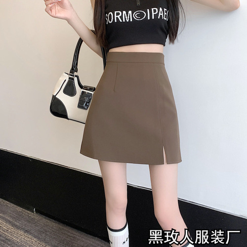 College-style anti-exposure slit A-line skirt for edgy girls: Autumn sheath demi-skirt with high waist, a niche design for women