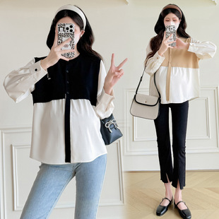 New 2025 maternity dress spring loose striped top stitching design fake two-piece shirt doll...