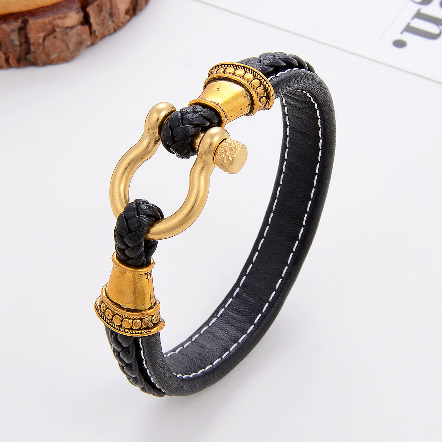 20g Weight Bangle Classification Business Hip-Hop Solid Color 304 Stainless Steel Pu Leather Men's Bangle Men Cord & Leather Bracelets
