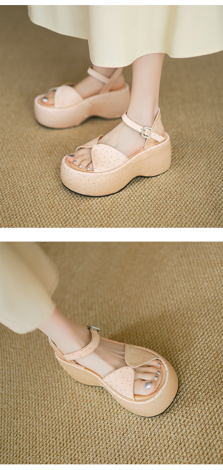 Sandal cao gót nữ đế dày hở mũi kiểu Pháp đính đá phong cách thơm nhỏ quai ngang La Mã gót nhọn — Màu đen, Màu trắng be, Màu mơ chi tiết 13