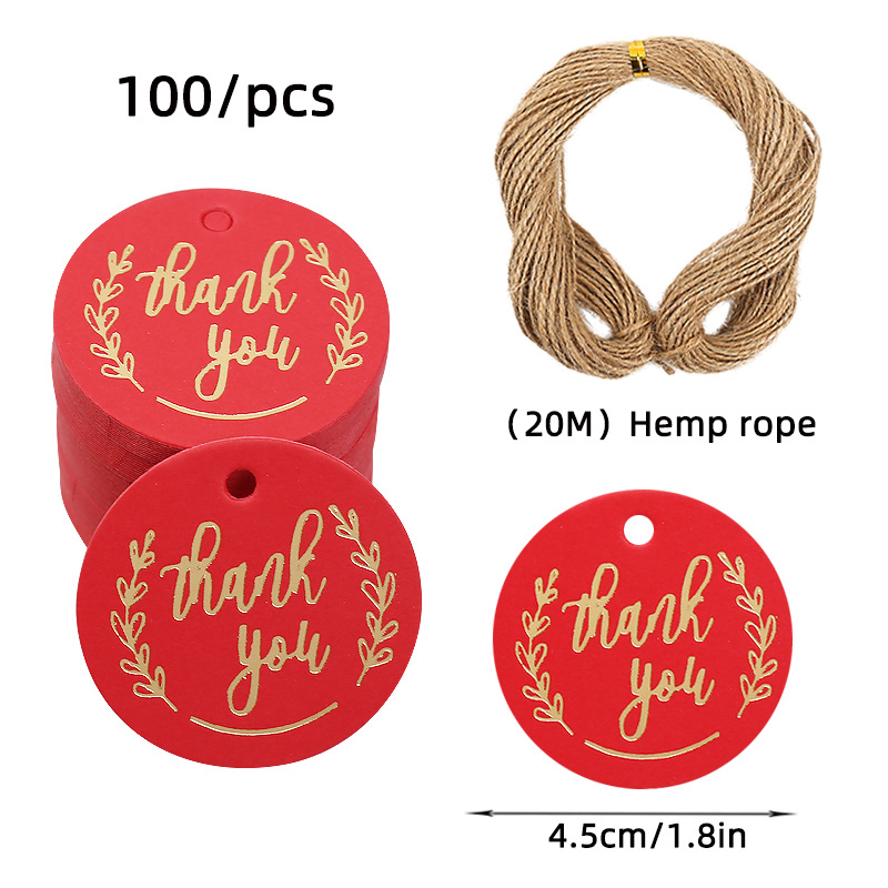 亚马逊感谢卡片套装100张+20米麻绳伴手礼圆形烫金吊牌礼品挂牌